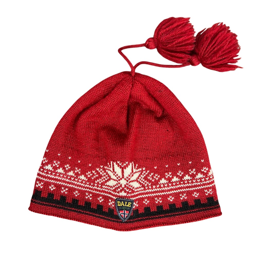 Dale of Norway Red Wool Nordic Snowflake Beanie Hat with Pom Poms Made in Norway